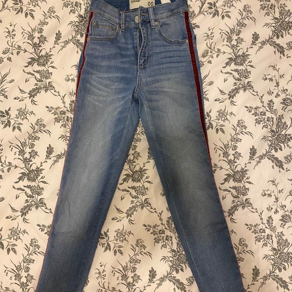 Garage high waisted jeans with red velvet stripe